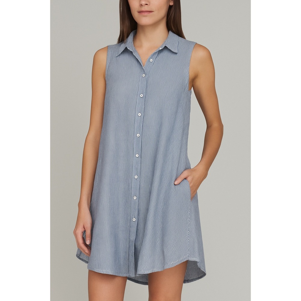 Zara Basic Striped Button Down Tunic Dress XS Blue White Cotton Sleeveless Boho